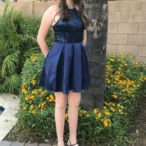 Navy blue semi-formal sequin dress, perfect for holiday parties